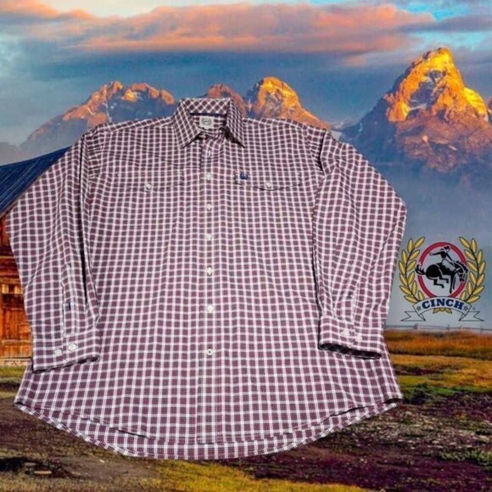 Cinch Button Down Shirt Mens Plaid Long Sleeve Western MTW1107014 Maroon White M